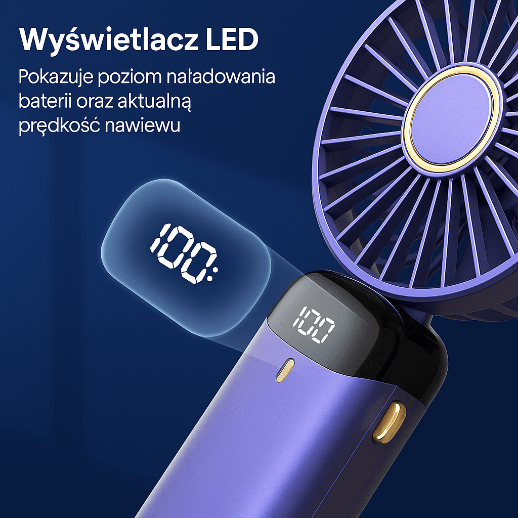 Stylowy mini wentylator ręczny z wyświetlaczem LED