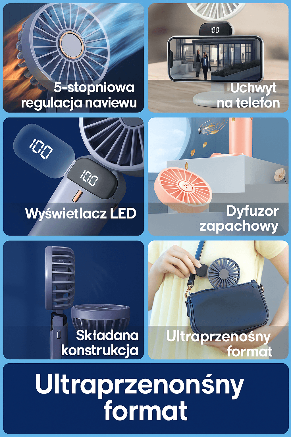 Stylowy mini wentylator ręczny z wyświetlaczem LED
