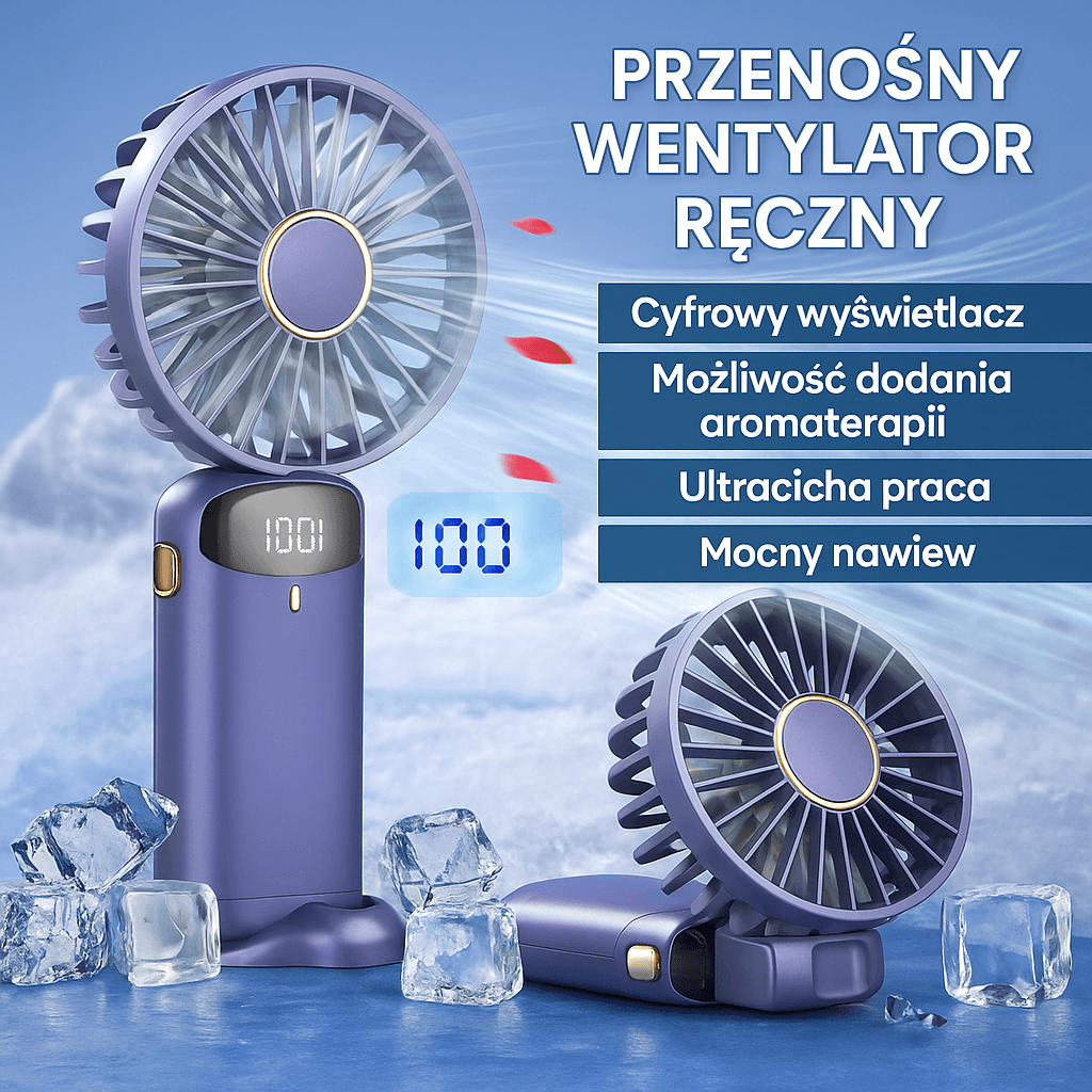 Stylowy mini wentylator ręczny z wyświetlaczem LED