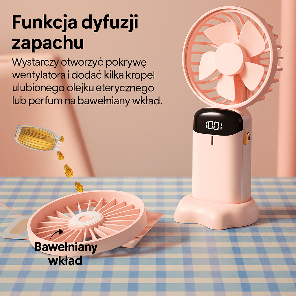 Stylowy mini wentylator ręczny z wyświetlaczem LED